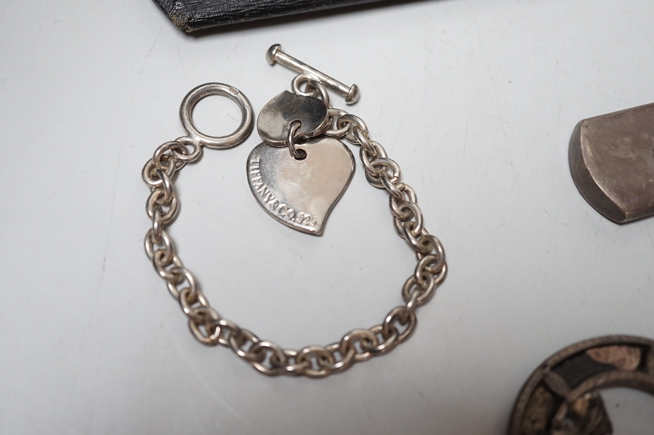 Small silverware and other items including a mug, vase, lipstick holder, lorgnettes etc.